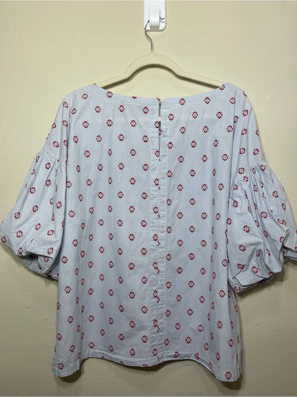 LOFT Floral Puff Sleeve Blouse Blue Striped Red Print XL